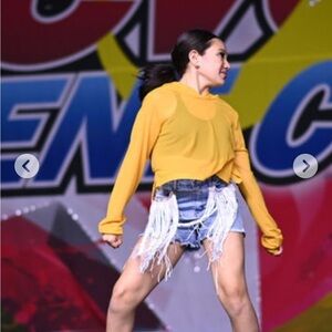 Yellow Long Sleeve Top with Denim Fringe Shorts